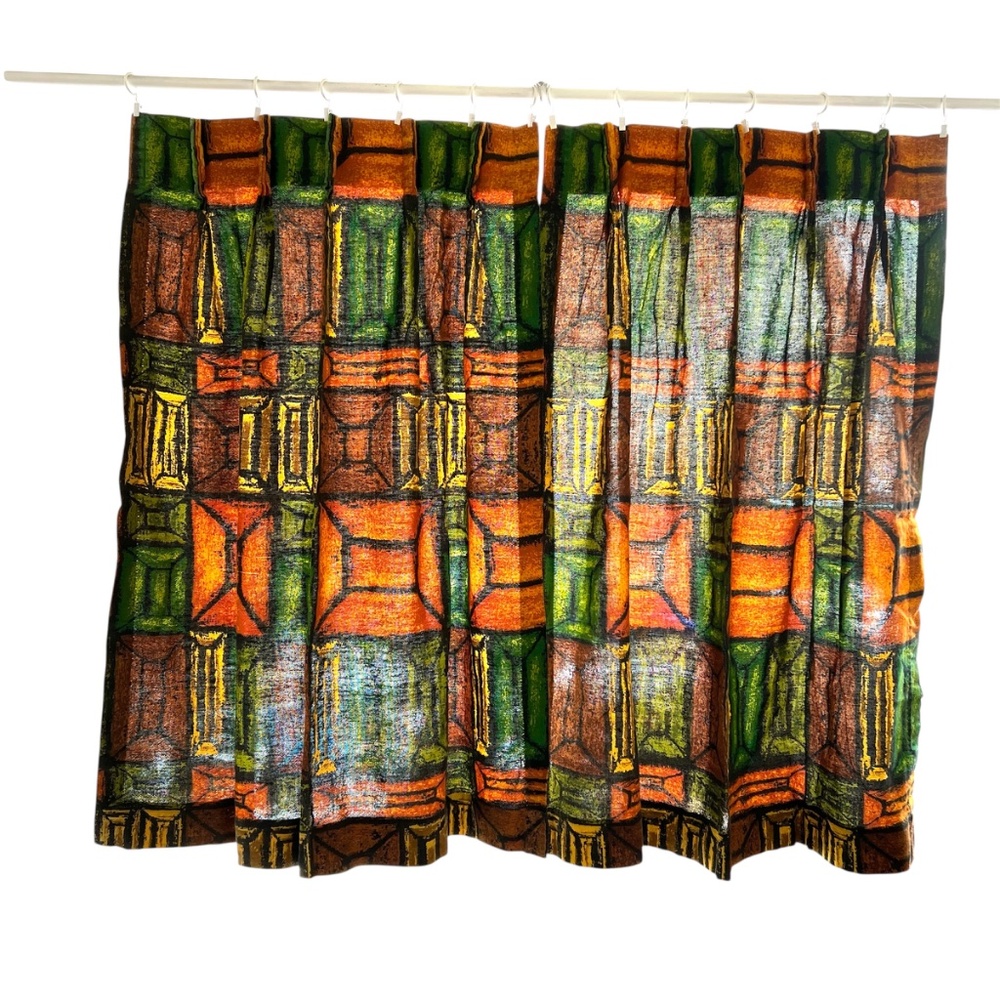 Vintage Curtains 70's Squares in Green Orange Brown 70's Earth Tones 100% Cotton